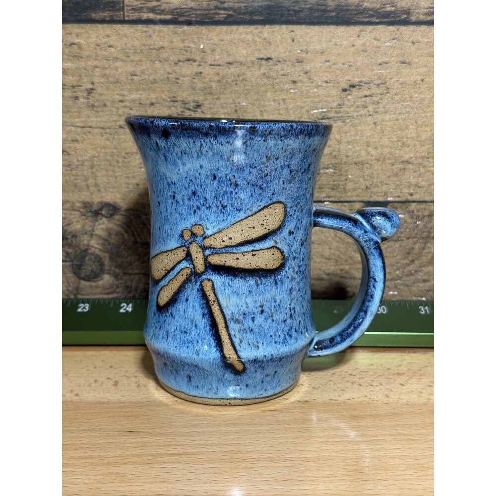 🔥🔥 RARE -Dragon Fly Coffee Blue Glazed Pottery 3D Mug - BEAUTIFUL